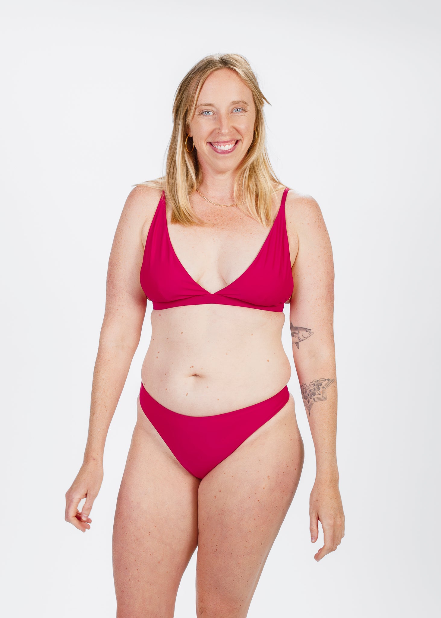 Front view of raspberry red mid-coverage bikini bottoms, highlighting the comfortable waistband and flattering shape from Tamara Swimwear.